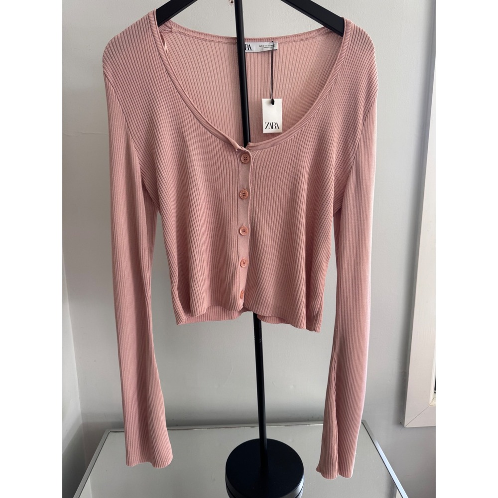 Zara Ribbed Knit V-Neck Cardigan Dusty Rose Pink Long Sleeve Button Top Sz M
